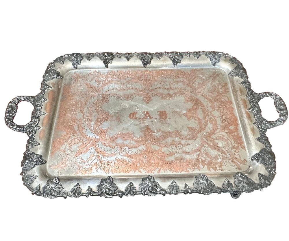 English Victorian Silver Plate Over Copper Ornate Serving Tray Monogrammed